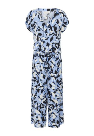 Mėlynas gėlių rašto šokinėjantis kostiumas su V formos iškirpte, trumpomis rankovėmis, raišteliu juosmenyje ir plačiomis kojomis. Minkšta medžiaga ir lengvas dizainas.