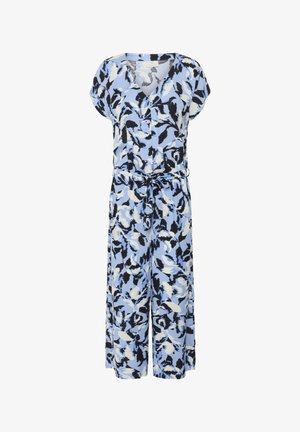 Niebieski kombinezon w kwiatowy wzór z dekoltem w serek, krótkimi rękawami, elastycznym pasem i szerokimi nogawkami. Miękka tkanina i lekka konstrukcja.