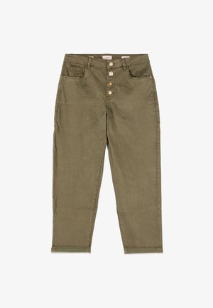 Oliivinvihreät korkeat housut, joissa on nappikiinnitys, etu- ja kolikkotaskut sekä lyhennetyt, käännetyt lahkeet.