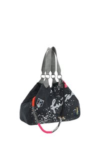 Borsa in tessuto grigia con forma morbida; presenta un motivo a macchie bianche, accenti colorati e due manici grigi con accessori in metallo.