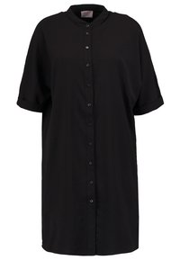 Musta, lyhythihainen napitettava mekko, jossa on käännettävä kaulus. Ominaisuuksiin kuuluu suora leikkaus ja hienovarainen rakenne, joka soveltuu arkikäyttöön.