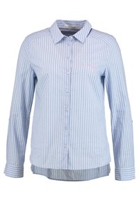 Himmelblau und weiß gestreifte Langarm-Bluse mit Kragen und dezentem, rosa gesticktem Text auf der linken Brust.