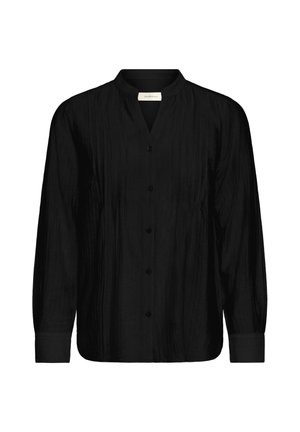 Zwarte blouse met lange mouwen en knopen, verticale plooien, opstaande kraag en manchet mouwen.