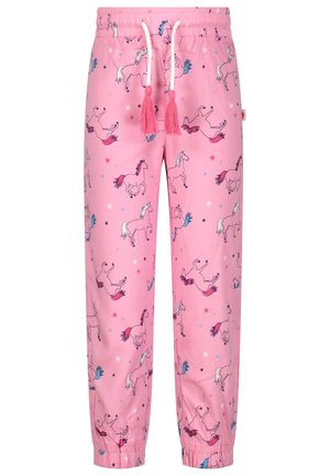 Lyserøde børnebukser med elastisk talje og manchetter, dekoreret med flerfarvede enhjørninger og små stjerner, med hvide snore med pink kvaster.