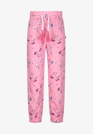 Lyserøde børnebukser med elastisk talje og manchetter, dekoreret med flerfarvede enhjørninger og små stjerner, med hvide snore med pink kvaster.