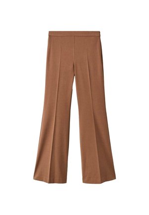 Pantalons marron à jambe large avec une texture lisse, dotés d'une taille haute, de deux plis sur le devant et d'une coupe droite jusqu'à l'ourlet.
