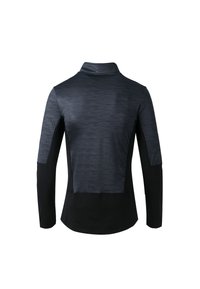 Långärmad prestandatröja i mörkgrått med en texturerad bakpanel, slät front och kontrasterande svarta sidor. Har en hög krage.