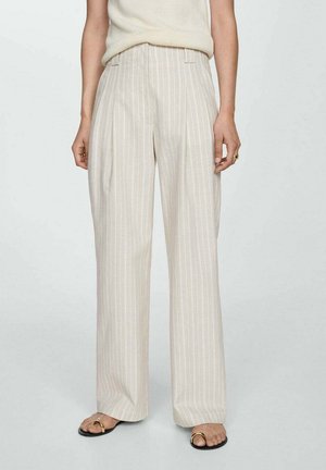 Beige, high-waisted trousers with subtle vertical stripes, featuring a pleated front and wide leg design. Soft fabric texture.