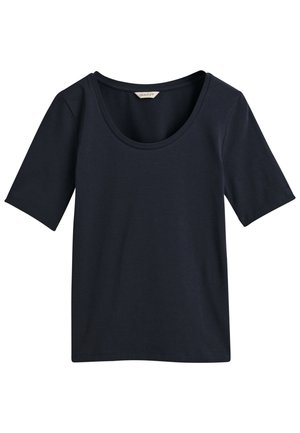 T-shirt blu navy a maniche corte realizzato in morbido cotone, con un ampio scollo rotondo e una vestibilità rilassata con orlo dritto.