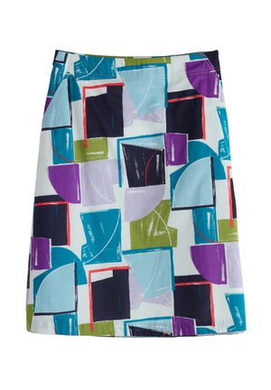 A-line skirt made of lightweight fabric featuring a colorful geometric pattern in various shapes, including squares and circles, with multiple colors.