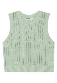 Mint green knit sleeveless top with a ribbed crew neckline, featuring vertical stripes and open weave pattern throughout.