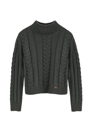 Un pull en tricot câble gris foncé avec un col montant à côtes et un ourlet côtelé. Présente des motifs texturés et des manches longues, légèrement oversize.
