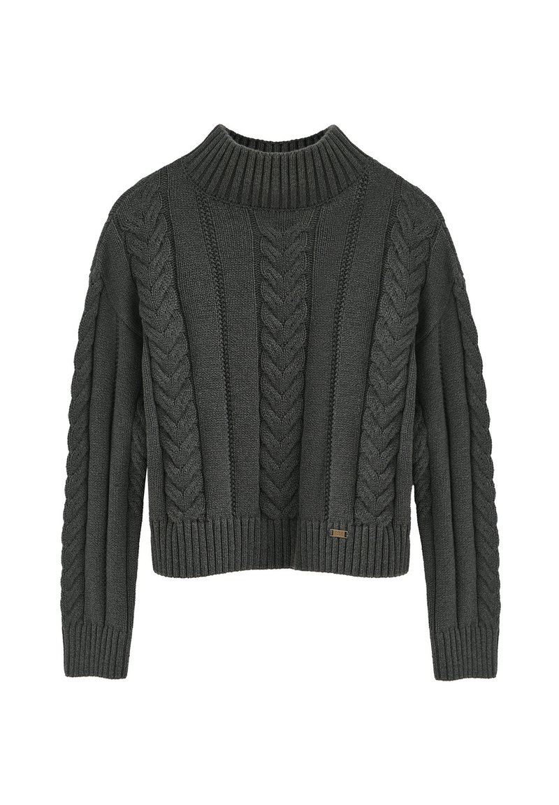 Maglione lavorato a maglia grigia scuro con un alto colletto a costine e orlo a costine. Presenta fantasie testurizzate e maniche lunghe, leggermente oversize.