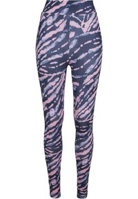 Tajice uskog kroja u plavoj i ružičastoj tie-dye uzorku, izrađene od rastezljivog, glatkog materijala s visokim strukom.