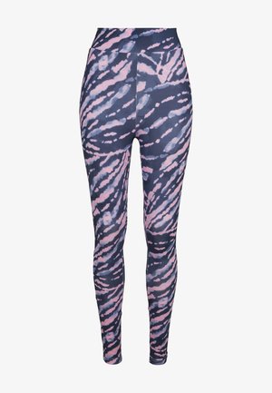 Szoros, kék és rózsaszín batikolt mintaű leggings, rugalmas, sima anyagból készültek, magas derékkal.