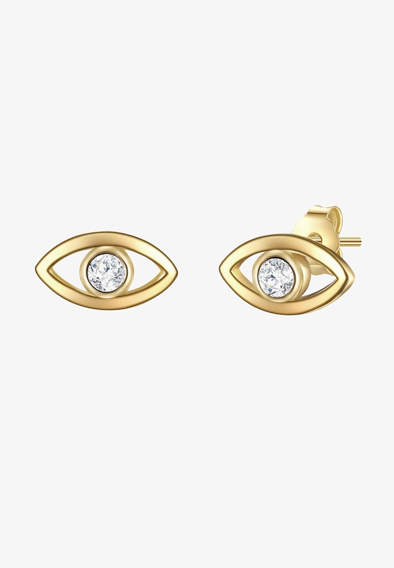 Boucles d'oreilles en métal doré en forme d'œil, présentant une pierre précieuse claire au centre. Finition lisse avec un design ouvert, mettant en valeur la pierre.