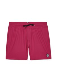 Shorts de bain rouges avec taille élastique, cordon de serrage noir, poches latérales et un logo circulaire noir et blanc sur la jambe gauche.