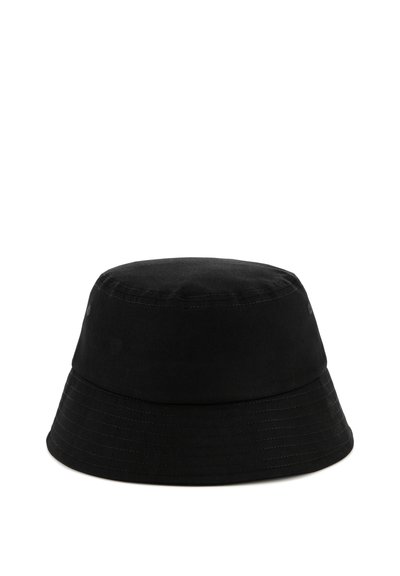 Zwarte bucket hat van katoen; heeft een ronde bovenkant en een brede, naar beneden hellende rand met subtiele stikdetails.