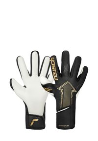 Schwarz-weiße Torwarthandschuhe mit strukturiertem Latex, gepolsterten Bündchen und goldenen Akzenten sowie einem auffälligen Pfeildesign auf der Handfläche.