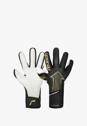 Schwarz-weiße Torwarthandschuhe mit strukturiertem Latex, gepolsterten Bündchen und goldenen Akzenten sowie einem auffälligen Pfeildesign auf der Handfläche.