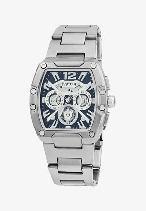 Edelstahl-Armbanduhr mit rechteckigem Gehäuse, blauem und silbernem Zifferblatt, großen Ziffern, Chronographenfunktionen und Gliederarmband.