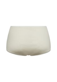 Lys beige højtaljede trusser med en glat tekstur. Har et enkelt design og en blød elastisk talje. Ingen synlige mønstre eller pynt.