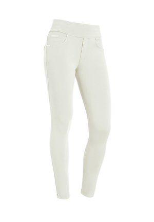 Collants gris clair avec une texture lisse, taille haute et un léger détail sur les poches. Fabriqués en tissu extensible pour plus de confort.