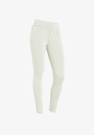 Leggings grigi chiaro con una texture liscia, vita alta e dettagli sottili sulle tasche. Realizzati in tessuto elasticizzato per garantire comfort.