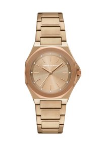 Octogonaal gold-tone horloge met een geborstelde metalen band. De wijzerplaat heeft een roségouden afwerking en zilveren uurmarkeringen met kristalaccenten.