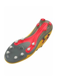 Scarpa da football con una tomaia gialla testurizzata, suola grigia, dettagli rossi e numerosi tacchetti bianchi per la trazione. Presenta il logo Under Armour.