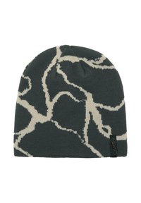 Sötét szürke kötött sapka absztrakt krémszínű villám mintával és egy kis fekete márkajelzéssel az élén.
