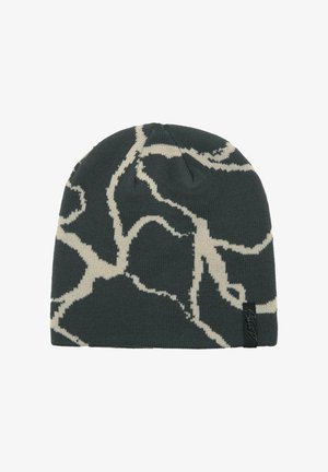 Sötét szürke kötött sapka absztrakt krémszínű villám mintával és egy kis fekete márkajelzéssel az élén.