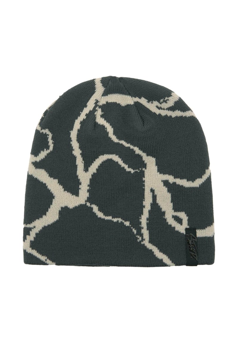 Sötét szürke kötött sapka absztrakt krémszínű villám mintával és egy kis fekete márkajelzéssel az élén.
