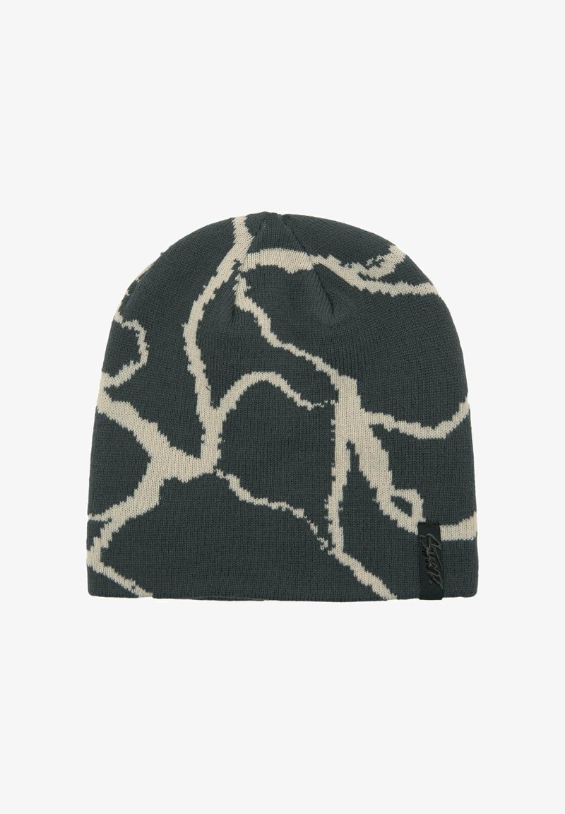 Tamna siva pletena kapa s apstraktnim uzorkom munje u krem boji i malom crnom oznakom brenda na rubu.