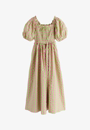 Grünes und pink kariertes Kleid mit gerafftem Oberteil, Puffärmeln, quadratischem Ausschnitt und vollem, gerafftem Rock.