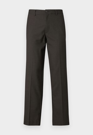 Dunkelbraune Hose aus glattem Stoff mit einem geraden Schnitt, vorderen Taschen und einem Knopfverschluss am Bund.