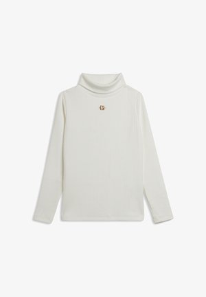 Top bianco a collo alto con costine, maniche lunghe e un piccolo dettaglio dorato sul petto. Texture morbida, design aderente e senza motivi.