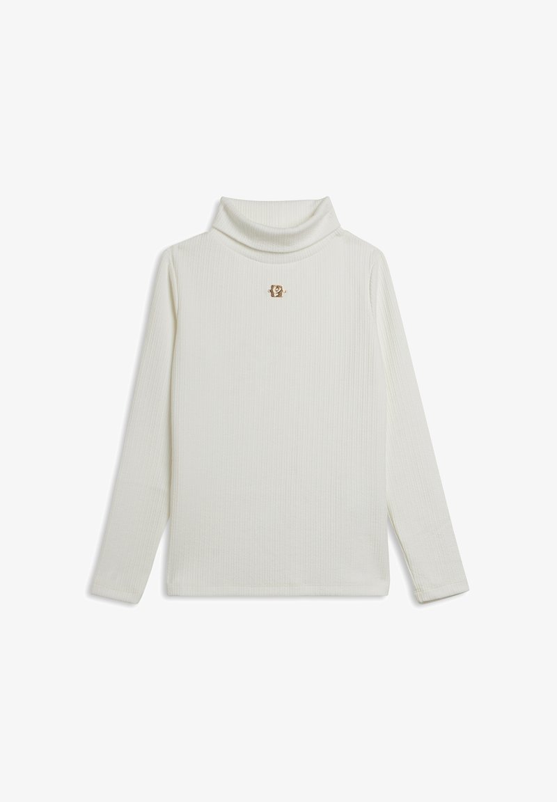 Top bianco a collo alto con costine, maniche lunghe e un piccolo dettaglio dorato sul petto. Texture morbida, design aderente e senza motivi.