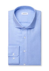 Hellblaues Herrenhemd mit umgeschlagenem Kragen und weißen Knöpfen, mit einem strukturierten Muster und langen, geknöpften Manschetten.