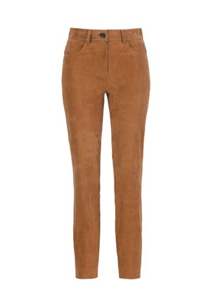 Barna színű, vékony szabású, velúr anyagú nadrág, elöl gombbal és övhurkokkal, elülső zsebekkel és középmagas derékkal.