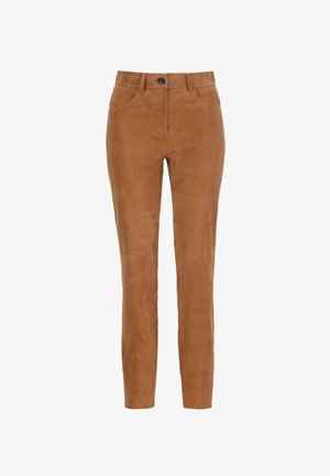 Barna színű, vékony szabású, velúr anyagú nadrág, elöl gombbal és övhurkokkal, elülső zsebekkel és középmagas derékkal.