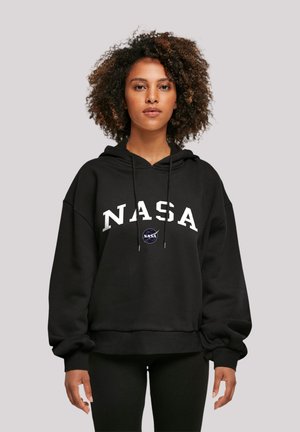 Black hoodie with "NASA" printed in white letters across the chest. Features a front pocket, drawstring hood, and relaxed fit.