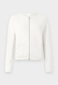 Weißes Reißverschluss-Jacke mit langen Ärmeln, zwei vorderen Taschen, strukturiertem Stoff und rundem Ausschnitt. Minimalistisches Design ohne Muster.