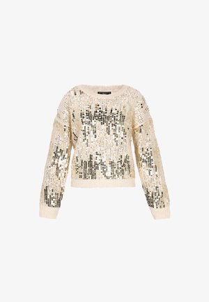 Beige strikket sweater udsmykket med sølv- og sorte perler, med lange ærmer og rund halsudskæring, samt en afslappet pasform.