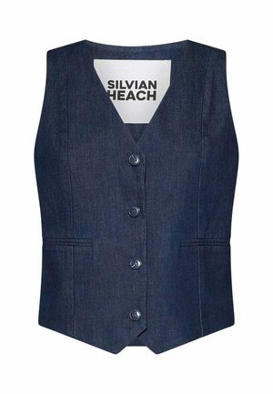 Gilet senza maniche in denim blu scuro con quattro bottoni e due tasche frontali orizzontali, con etichetta Silvian Heach all'interno del colletto.