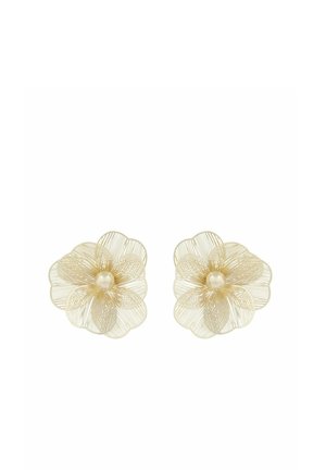 Pair of gold wireframe flower earrings with layered petals and a central pearl on each, shown on a white background.