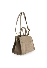 Beige two-tone handbag with leather top and suede bottom, featuring a long adjustable strap, dual handles, and gold-tone hardware accents.