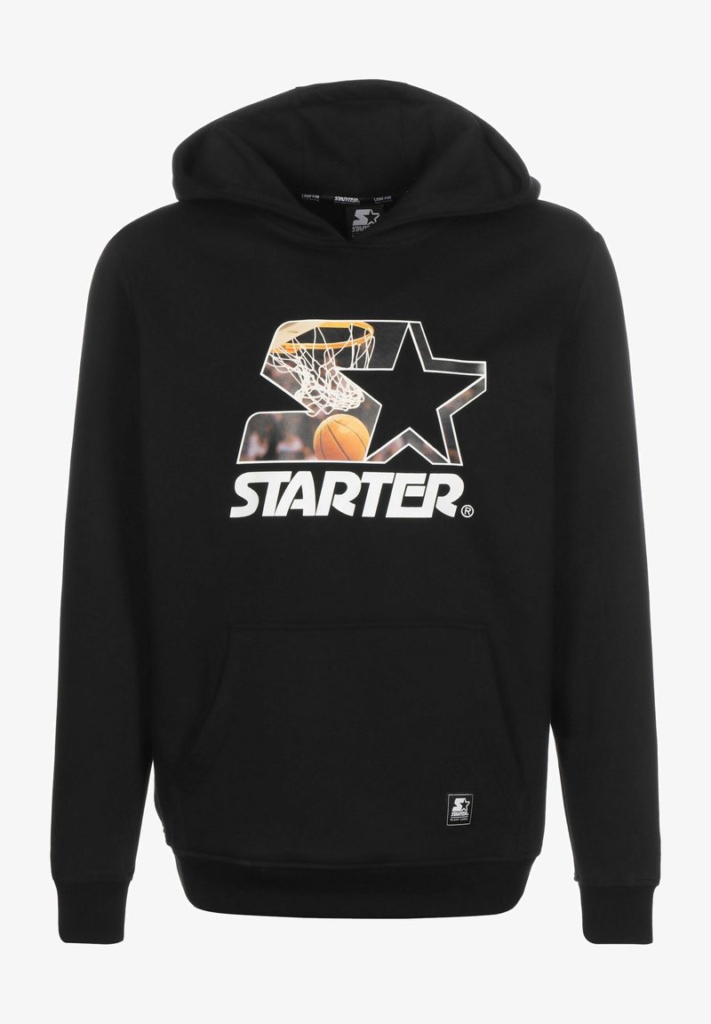 Sweat à capuche noir avec un filet de basket-ball et un ballon à l'intérieur d'un logo en forme d'étoile, avec le mot "STARTER" en lettres blanches en gras sous le graphique.
