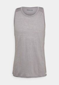 Top senza maniche grigio realizzato in un tessuto leggero e liscio. Presenta un collo rotondo e un orlo leggermente curvo con un logo discreto del marchio sul fondo.
