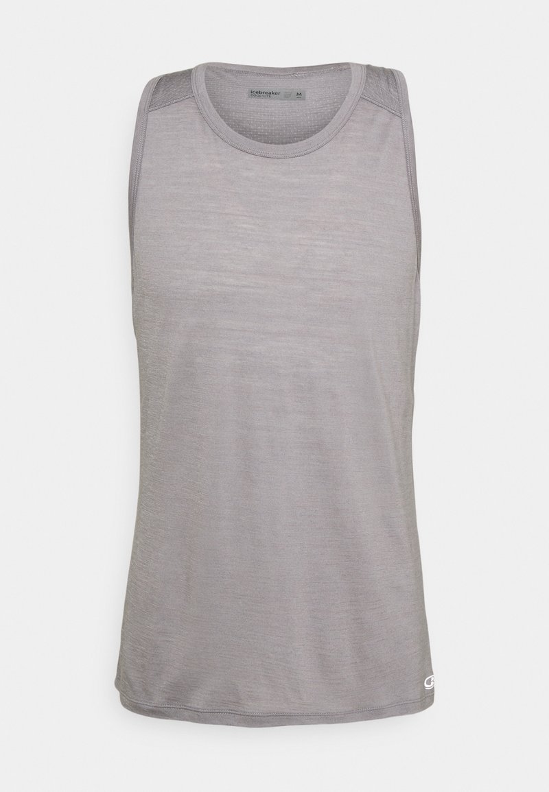 Top senza maniche grigio realizzato in un tessuto leggero e liscio. Presenta un collo rotondo e un orlo leggermente curvo con un logo discreto del marchio sul fondo.